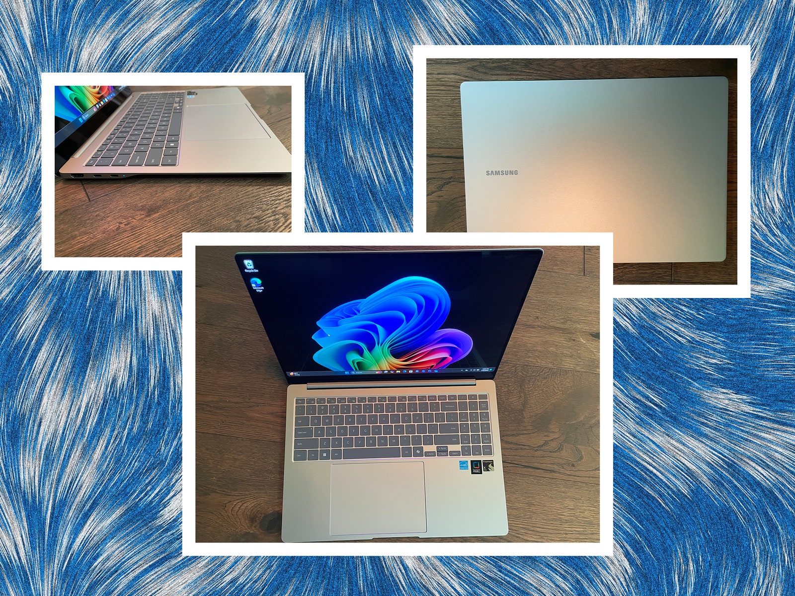 Side top and front view of a silver laptop. Background blue and white fur texture.